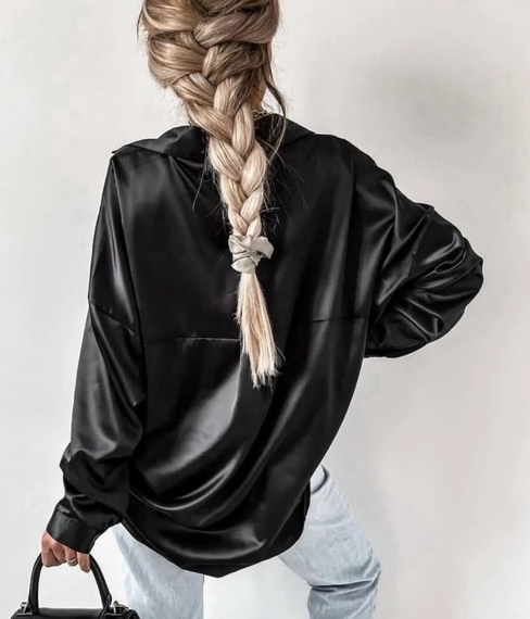 Женская шелковая блуза-рубашка длинная в стиле оверсайз MI544 цвет черный, размер 42/46 | Зображення 1