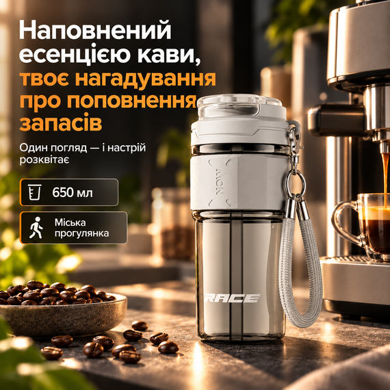 Термочашка RACE 650 мл серая с трубочкой, герметичной крышкой и ремешком, дорожная термокружка для кофе и чая | Зображення 7