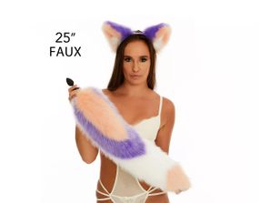 Анальний хутряний хвіст без пробки, Триколірний: Персиковий, фіолетовий, білий з персиковим кінчиком, OKOVA 60 см. Sex Aura