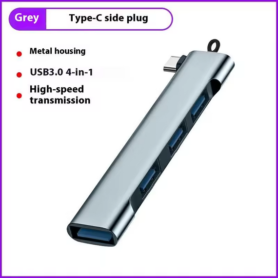 USB Type-C хаб 4 в 1, 1 × USB 3.0 + 3 × USB 2.0, 5Gbps, сірий