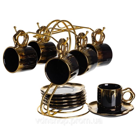 Набор чашек для кофе на металлической подставке 6 (шт) по 100 (мл) Черный с золотом FM-47 | Зображення 1