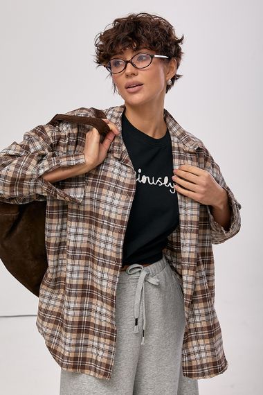 Картата сорочка з подовженою спинкою - коричневий цвет, M (є розміри)