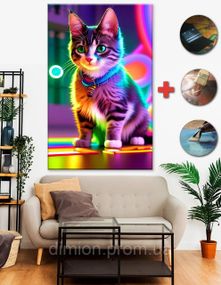 Картина на полотні "Neon Kitty" 50х70 см + Подарунок покриття лаком на полотні