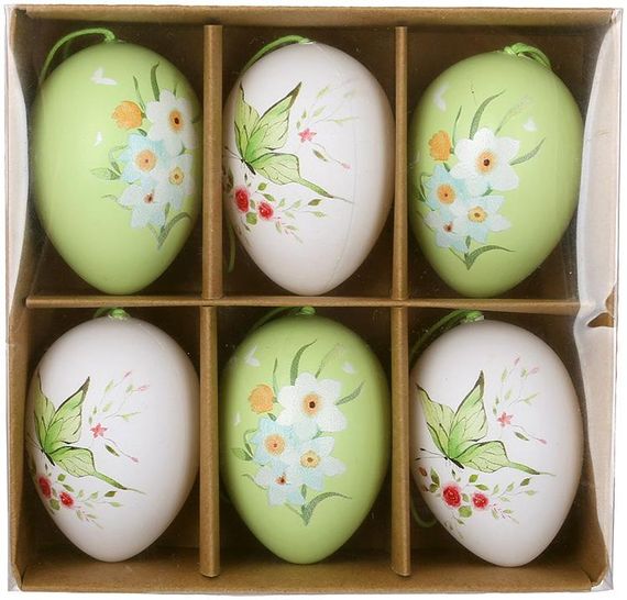 Декоративний набір "Великодні Яйця", 6 яєць-підвісок 4х6см, білий із зеленим