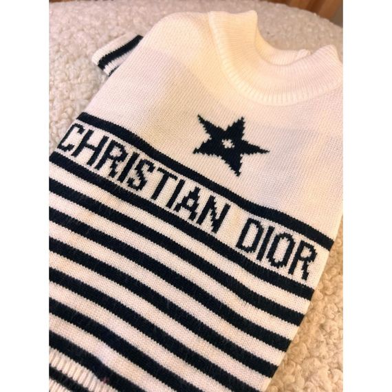Брендовый свитер для собак CHRISTIAN DIOR с черными полосочками и звездой, белый | Зображення 1
