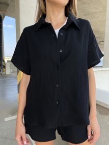 Женский легкий летний костюм шорты и рубашка из муслина NA1042 цвет черный, размер 46/48