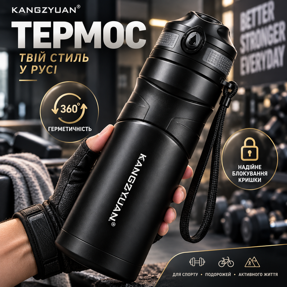 Термос-бутылка KANGZYUAN 600 мл, вакуумная, нержавеющая сталь 316, герметичная, с ситечком, черная | Зображення 1