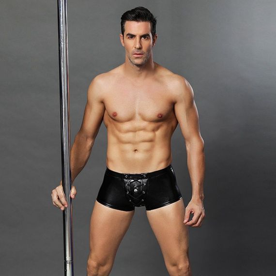 Еротичні чоловічі лакові труси зі шнурівкою One Size Black | Зображення 2