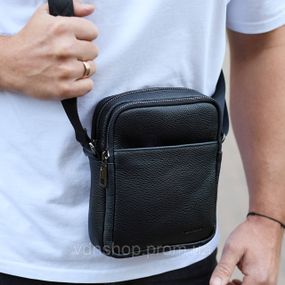 Мужская барсетка через плечо, зерниста шкіра 20х16х6, мессенджер для города, сумка для телефона и документов, черная