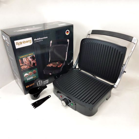 Гриль притискний Rainberg RB-5413 терморегулятор антипригарний 3200 Вт нержавіюча сталь