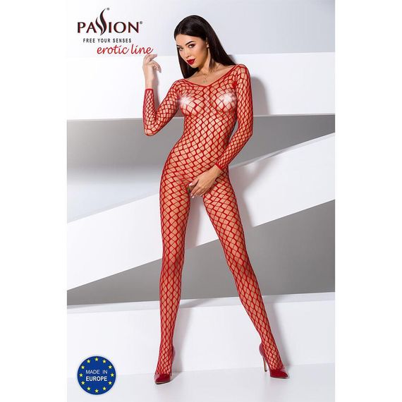 Бодістокінг Passion BS068 red, комбінезон, велика сітка, довгий рукав, S/M/L | Зображення 1
