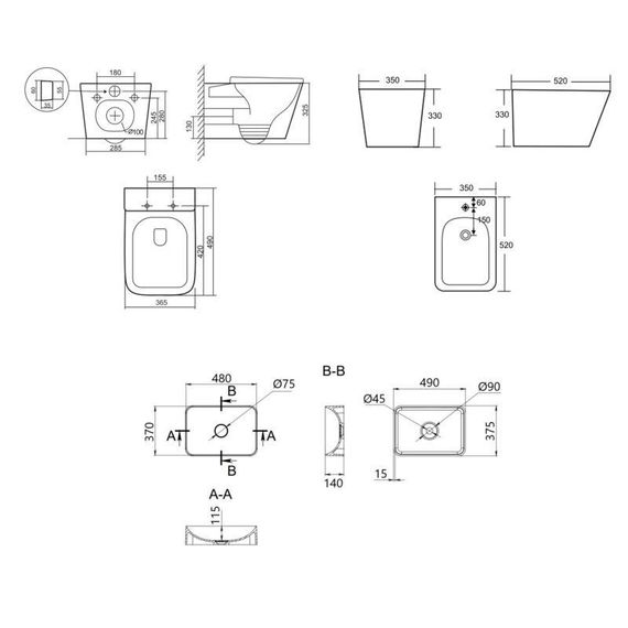 Комплект Qtap Tern Anthracite 3 в 1: унітаз підвісний Ultra Quiet + біде підвісне + раковина накладна QTTERAN49161 | Зображення 1