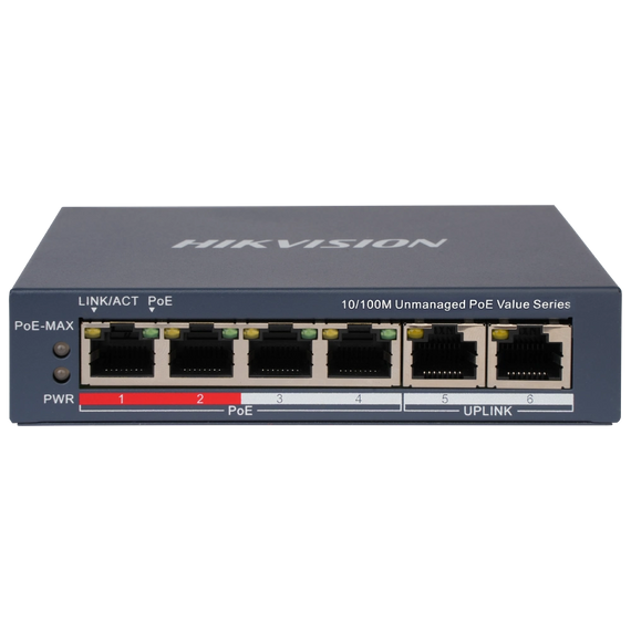 6-портовий некерований POE комутатор Hikvision DS-3E0106P-E/M(B) , 4 POE×100 Мбіт/с + 2 RJ45×100 Мбіт/с