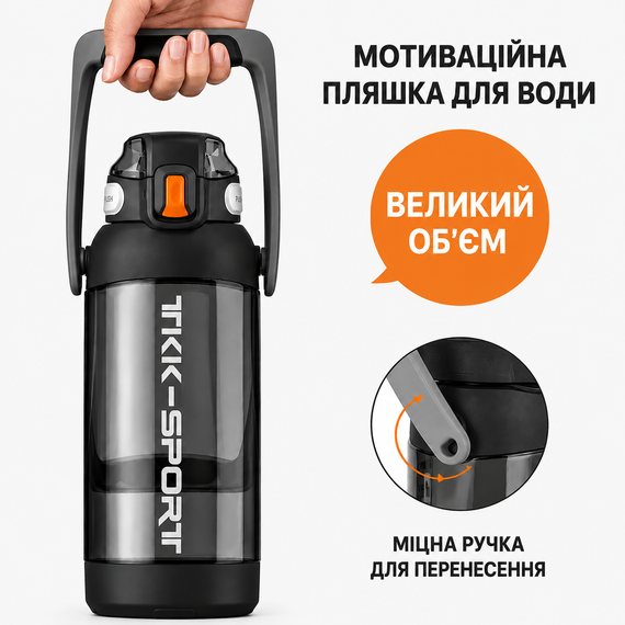 Бутылка TKK 1400 мл - Черная Tritan BPA-free, ударопрочная, спортивная с двойной системой переноски | Зображення 1