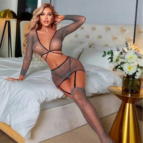 Яскравий комплект із підв'язками для панчох, панчохами та довгими рукавами XS/S/M - Еротична білизна | Зображення 1