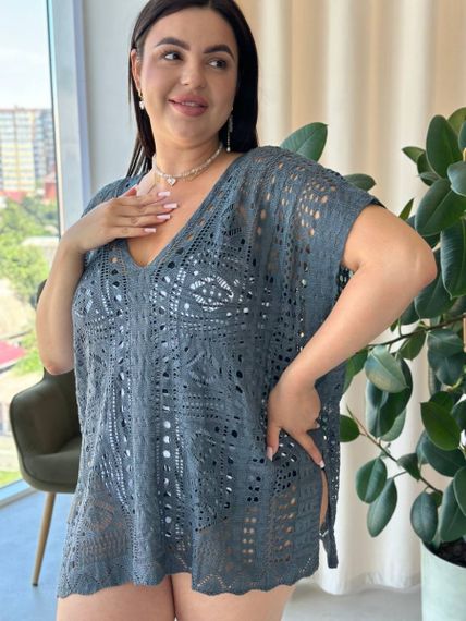 Пляжна коротка сіра туніка PLUS SIZE тоненька в'язка | Зображення 9