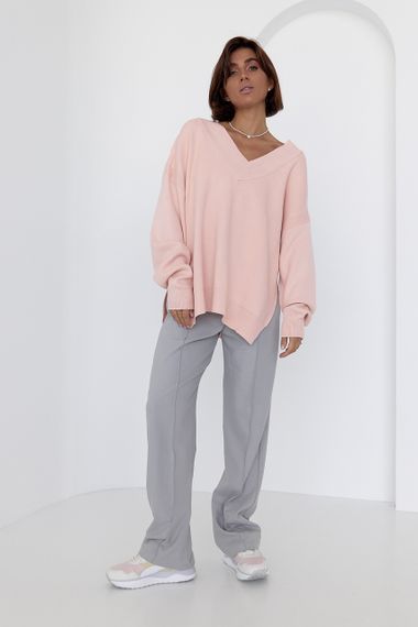 Женский пуловер oversize с боковыми разрезами персиковый цвет S | Зображення 2