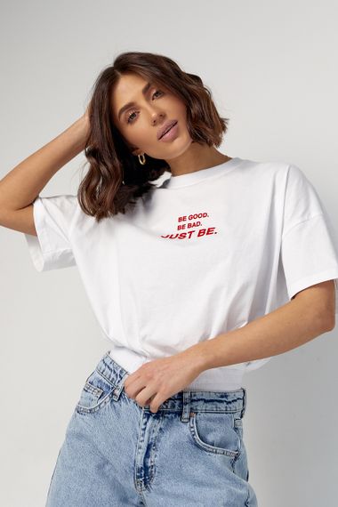 Женская футболка oversize с надписью Be good. Be bad. Just be - белый цвет, L (есть размеры) | Зображення 3