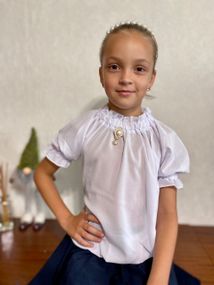 Школьная блузка для девочки с корткими рукавами фонарик софт, белая, размер 146, SBR023