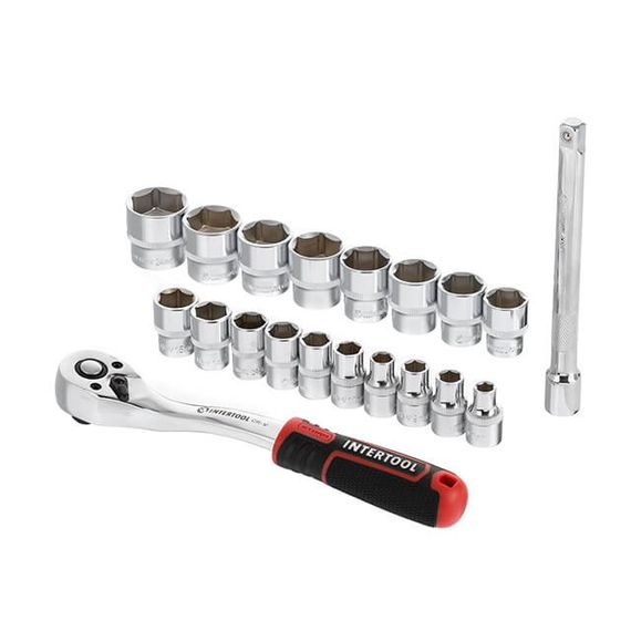 Набір головок STORM 3/8", 6-24 мм, подовжувач, рукоятка з храповим механізмом, 20 од., Cr-V INTERTOOL ET-8015 | Зображення 1