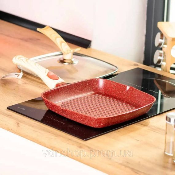 Алюмінієва сковорода-гриль 24 см зі скляною кришкою Square Red MGC HP-4-461R | Зображення 2
