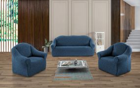 Жаккардовый чехол на диван + 2 кресла Stone без юбки индиго