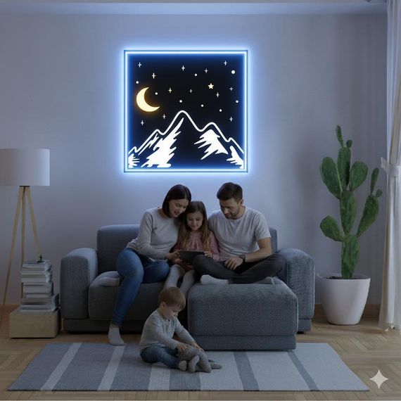 Панно декоративне картина на стіну Гори та місяць LED 16 кольорів телефон 400х400 acr-p000131 | Зображення 2