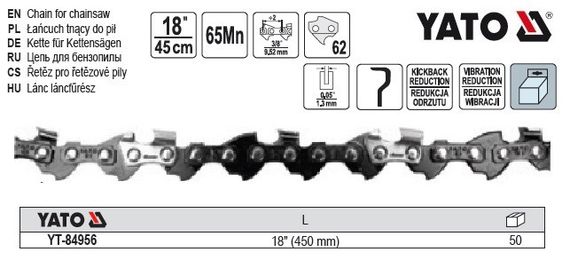 Ланцюг YATO Польша l= 18"/ 45 см (62 ланки) для ланцюгових пил з направляючою шиною YT-849355 YT-84956 | Зображення 1
