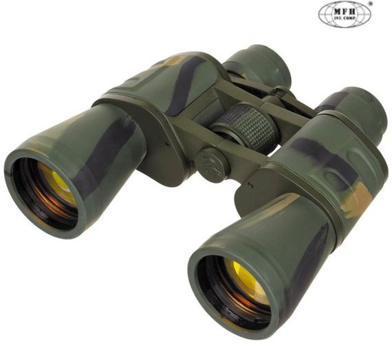 Камуфляжний бінокль MFH 10x50 Woodland з рубіновими лінзами | Зображення 1