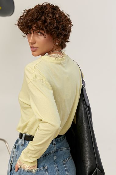 Вільний лонгслів з мереживом - лимонний цвет, ONE SIZE (є розміри) | Зображення 1