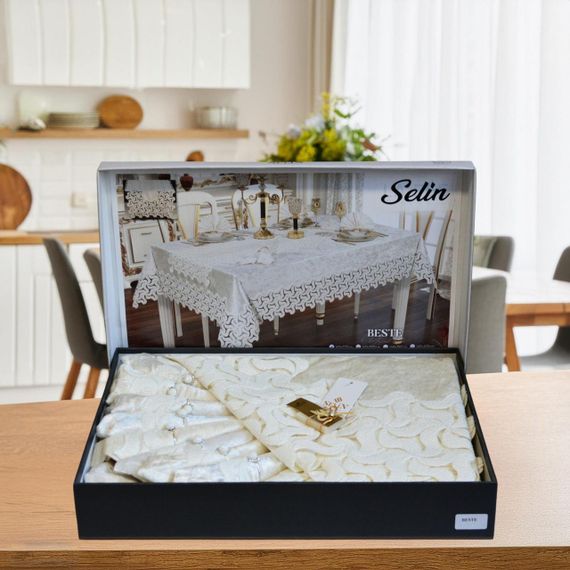 Велюрова скатертина з ранером Selin Beste Set 160×220+8 серветок кремова | Зображення 1