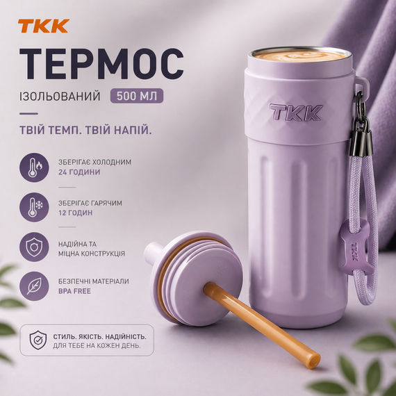 Термос-пляшка для напоїв з трубочкою 500 мл. нержавіюча сталь фіолетовий | Зображення 4
