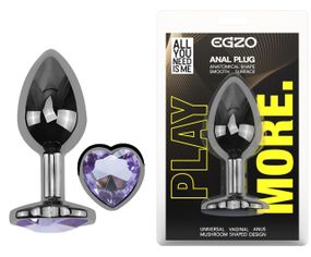 Анальная пробка с кристаллом EGZO - Dark Silver Heart Plug Amethyst size M Sex Aura
