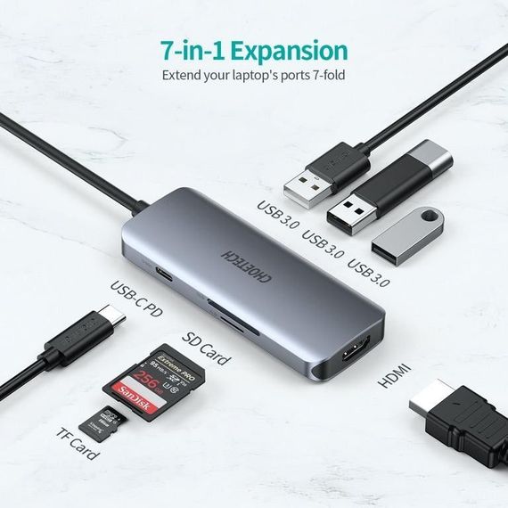 Адаптер Choetech HUB-M19-GY, USB Type-C 7-в-1 | Зображення 3