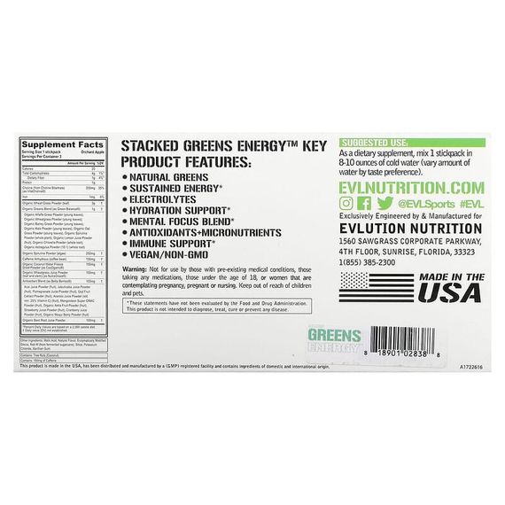 Смесь зелени для заряда энергии Evlution Nutrition Stacked Greens Energy 6.9 g (Orchard Apple) | Зображення 1