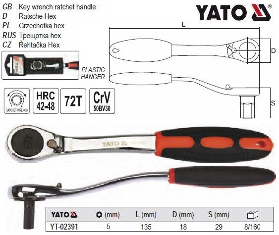 Ключ шестигранный трещотка выгнутая удлиненная HEX5 YATO Польша YT-02391 | Зображення 3