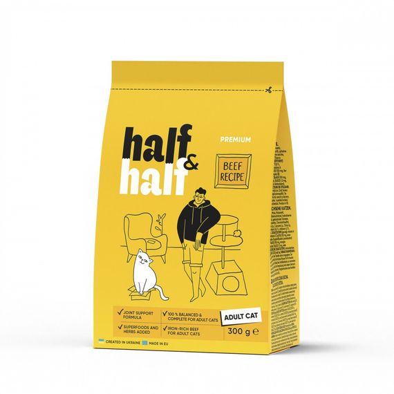 Корм сухий HalfHalf для дорослих котів із яловичиною 300 г