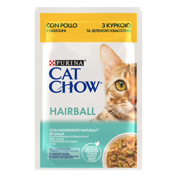 Влажный корм Cat Chow Hairball для взрослых котов "Выведение шерсти", курица с зеленой фасолью 78х85г