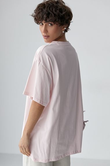 Оверсайз футболка з вишитими написами - пудра цвет, ONE SIZE (є розміри) | Зображення 1