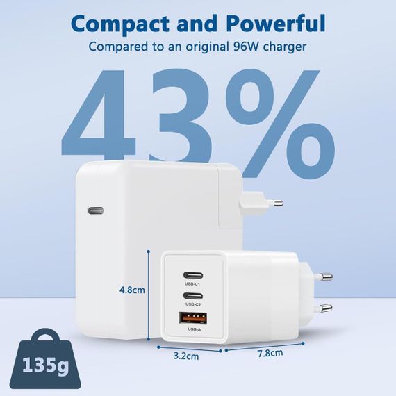 Зарядний пристрій USB C потужністю 65 Вт, 3 порти PD3.0 GaN, швидке заряджання Type C, подавання живлення з кабелем | Зображення 2