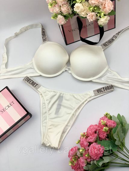 Комплект женского нижнего белья Victoria’s Secret Виктория Сикрет модель Rhinestone со стразами L, 80C, Белый