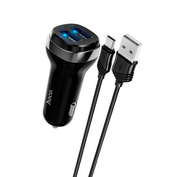 Набір АЗУ 12-24V HOCO Z40+ кабель Type-C, 2xUSB, 2.4A, кабель 1м, Black, Box | Зображення 1