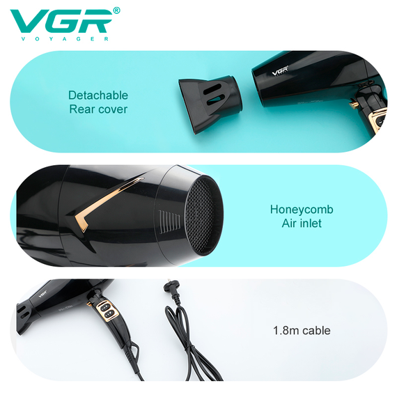 Фен професійний VGR V-423, 3 рівні обдування, 3 рівні температури, насадка-концентратор, 1800-2200 Вт | Зображення 2