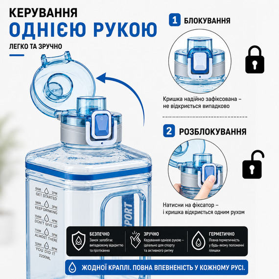 Спортивная Бутылка 2200 мл (Gallon) из голубого прозрачного и безопасного пластика (BPA Free) | Зображення 6