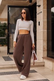 Женские теплые брюки палаццо на флисе широкие, GF1715 цвет коричневый, размер 46/48