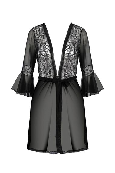 Пеньюар Passion LEAFA PEIGNOIR black S/M, довжина трохи вище коліна, широкі рукави, зав'язується на пояс | Зображення 2