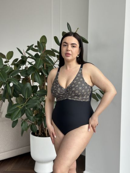 Суцільний чорний купальник з орнаментом plus size | Зображення 2