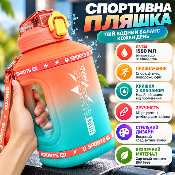 Эко-бутылка для воды SPORTS BOTTLE 1500 мл - большая многоразовая спортивная бутылка со встроенной ручкой, оранжевый градиент | Зображення 4