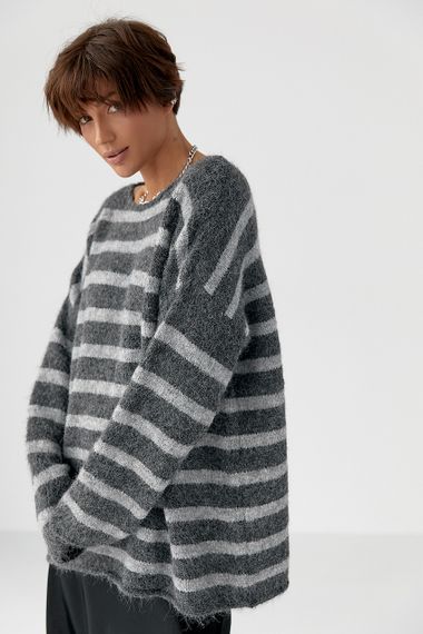 Тепла в'язана кофта oversize у смужку - сірий цвет, ONE SIZE (є розміри) | Зображення 4