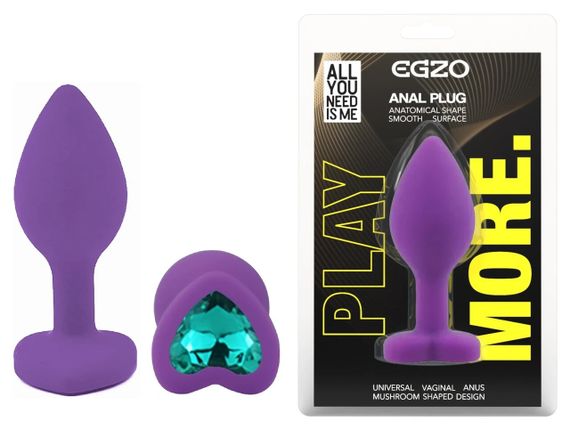 Анальна пробка EGZO Violet Heart Plug S з кристалом, фіолетова, силіконова Sex Aura